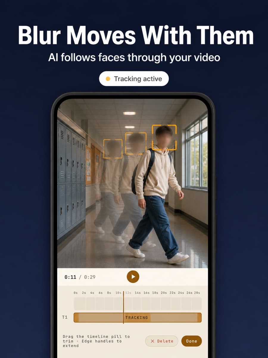 BlurQ video face blur — AI tracking follows a moving face through the video
