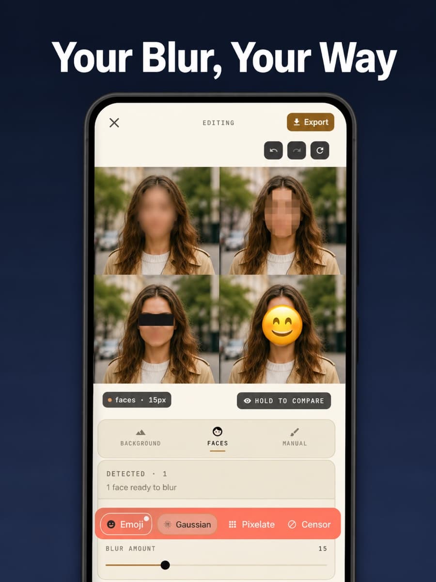 Four BlurQ censor styles on one portrait: gaussian blur, pixelate, censor bar, and emoji