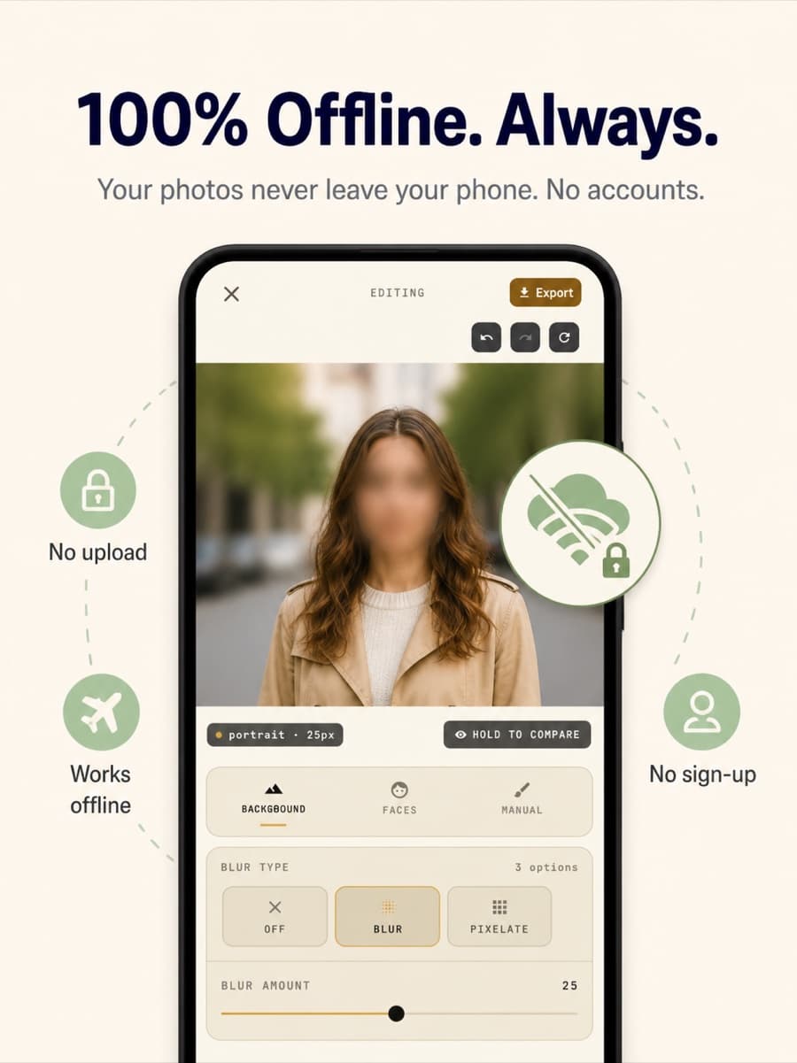 BlurQ works 100% offline — no upload, no sign-up, works in airplane mode